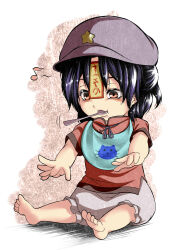 1girl aged_down animal_print baby barefoot bib black_ribbon bloomers blush cabbie_hat cat_print commentary_request expressive_clothes full_body grey_bloomers half_updo hat hat_ornament highres jiangshi miyako_yoshika music neck_ribbon ofuda open_mouth outstretched_arms purple_hair purple_hat red_eyes red_shirt ribbon shika_miso shirt short_hair short_sleeves sitting solo spoon star_(symbol) star_hat_ornament touhou translation_request underwear zombie_pose