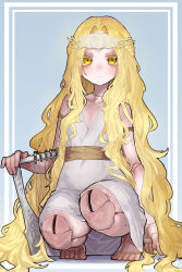 1boy absurdres blush border closed_mouth collarbone commentary_request doll_joints dress ekrea_jan elden_ring elden_ring:_shadow_of_the_erdtree expressionless eyelashes feet flat_chest full_body gold_armlet golden_sash grey_background hair_intakes harp highres holding instrument joints long_hair looking_at_viewer male_focus miquella_(elden_ring) parted_bangs revenant_(elden_ring) shadow squatting tiptoes toenails toes trap very_long_hair white_dress yellow_eyes