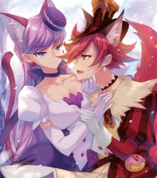 Rule 34 | 2girls, animal ears, bell, blouse, bow, bow choker, breasts, brown cape, brown choker, cape, cat ears, chocolate, choker, cleavage, cowbell, cure chocolat, cure macaron, dog, dog ears, dog tail, dress, earrings, elbow gloves, extra ears, food, food-themed hair ornament, gloves, hair ornament, hair ribbon, hat, highres, hiiro yuki, jewelry, kenjou akira, kirakira precure a la mode, kotozume yukari, macaron, macaron hair ornament, magical girl, medium breasts, mini hat, multiple girls, open mouth, outdoors, petals, precure, puffy short sleeves, puffy sleeves, purple choker, purple dress, purple tail, red shirt, ribbon, shirt, short sleeves, signature, tail, thighhighs, tree, white dress, white legwear