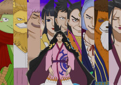 6+boys absurdres ashura_doji black_hair blue_hair closed_mouth denjirou_(one_piece) eyewear_on_head highres inuarashi_(one_piece) izou_(one_piece) kawamatsu kikunojo_(one_piece) kinemon kouzuki_momonosuke long_hair male_focus medium_hair multiple_boys nekomamushi obentoubakochan one_piece orange_hair pink_hair raizo_(one_piece) scar scar_across_eye scar_on_face short_hair smile sunglasses