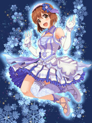 Rule 34 | 1girl, blue bow, blush, bow, brown eyes, brown hair, commentary request, dress, elbow gloves, floating, full body, glint, gloves, hagiwara yukiho, hair bow, hairband, hands up, high heels, highres, idolmaster, idolmaster (classic), idolmaster million live!, idolmaster million live! theater days, looking at viewer, mimikaki (men bow), open mouth, print thighhighs, shoes, short hair, single thighhigh, sleeveless, smile, snowflake background, snowflake print, solo, star (symbol), thighhighs, white dress, white gloves, white shoes
