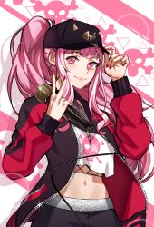 1girl black_hat earrings hat high_ponytail highres hirosenpai hololive hololive_english holomyth horned_hat jacket jewelry long_sleeves midriff mori_calliope mori_calliope_(streetwear) open_clothes open_jacket pink_eyes pink_hair ponytail puffy_long_sleeves puffy_sleeves red_jacket red_nails skull_print smile solo v virtual_youtuber