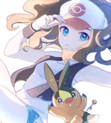 1girl absurdres aqua_eyes baseball_cap black_vest brown_hair commentary_request eyelashes gen_5_pokemon hand_on_headwear hat highres hilda_(pokemon) looking_at_viewer nintendo open_clothes open_vest parted_lips pokemon pokemon_(creature) pokemon_bw ryusa_(gjgd7445) shirt short_shorts shorts sidelocks sleeveless sleeveless_shirt tepig vest white_hat white_shirt wristband