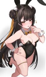 1girl absurdres animal_ears bare_shoulders black_footwear black_hair black_leotard black_survival blush bow bowtie breasts covered_navel dasi_(kwts3227) detached_collar double_bun eternal_return:_black_survival fake_animal_ears finger_to_mouth hair_bun hand_on_own_hip high_heels highleg highleg_leotard highres leg_up leotard li_dailin long_hair looking_at_viewer medium_breasts open_mouth orange_bow orange_bowtie orange_hair playboy_bunny rabbit_ears rabbit_tail simple_background skindentation solo standing standing_on_one_leg strapless strapless_leotard tail thigh_strap thighs very_long_hair white_wrist_cuffs wrist_cuffs yellow_eyes