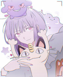 1girl bang_dream! bang_dream!_it&#039;s_mygo!!!!! character_request chromatic_aberration closed_mouth commentary grey_shirt highres looking_at_viewer nintendo pink_eyes pokemon pokemon_(creature) purple_hair reiboubyou shirt short_hair simple_background upper_body white_background yuutenji_nyamu