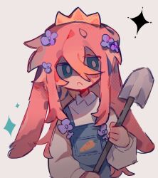 1605000977 1boy :&lt; androgynous animal_ears animification blue_eyes blue_overalls bright_pupils carrot carrot_print collared_shirt crown denim_overalls flower food_print frown girly_boy hair_flower hair_ornament holding holding_shovel long_hair long_sidelocks long_sleeves male_focus minecraft_youtube origins_smp overalls pink_hair purple_flower rabbit_boy rabbit_ears shirt shovel sidelocks simple_background solo sparkle technoblade technoblade_(bunny) variant_set white_background white_pupils white_shirt