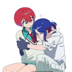 1boy 1girl amate_yuzuriha aqua_eyes blue_hair closed_eyes collared_shirt colored_inner_hair gloves gundam gundam_gquuuuuux highres hug hug_from_behind looking_at_another multicolored_hair necktie nelaunsp purple_hair red_hair school_uniform shirt short_hair shuji_ito simple_background sitting skirt sleepy sweater two-tone_hair white_background white_shirt
