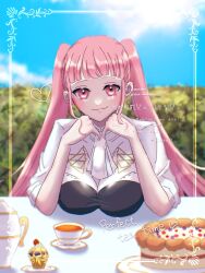 asan5528 ascot breast_rest breasts breasts_on_table cake dress fire_emblem fire_emblem:_three_houses food garreg_mach_monastery_uniform heart highres hilda_valentine_goneril large_breasts nintendo pink_eyes pink_hair sleeves_rolled_up tea twintails