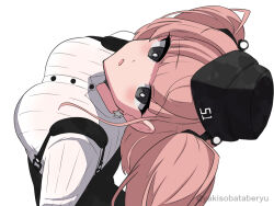 1girl atlanta_(kancolle) black_hat breasts brown_hair collared_shirt dress_shirt earrings from_behind garrison_cap grey_eyes hat high-waist_skirt jewelry kantai_collection kuroyaki_soba large_breasts looking_at_viewer shirt simple_background single_earring skirt solo star_(symbol) star_earrings suspender_skirt suspenders two_side_up upper_body white_background white_shirt