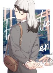 Rule 34 | 2girls, arms behind back, bag, bandaged arm, bandages, bespectacled, black-framed eyewear, black hair, blunt bangs, blurry, blurry foreground, border, breasts, brown bag, brown eyes, closed mouth, colored tips, commentary request, dated, earrings, from behind, glass, glasses, highres, jacket, jewelry, jouhou, long sleeves, looking at viewer, looking back, medium breasts, medium hair, multicolored hair, multiple girls, outside border, photo background, pov, pov hands, satsuki yomi, shidou maki (toji no miko), shirt, shoulder bag, solo focus, standing, toji no miko, white border, white hair, white shirt
