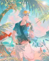 1boy alolan_exeggutor alolan_form alolan_sandslash bakutiku ball beachball beldum blue_eyes blue_hair bracelet closed_mouth cloud commentary creatures_(company) day eyewear_on_head game_freak gen_3_pokemon gen_7_pokemon hand_on_own_hip highres holding jewelry looking_to_the_side male_focus metagross necklace nintendo official_alternate_costume orange-tinted_eyewear outdoors pokemon pokemon_masters_ex ring sand sandygast shirt shore short_hair shorts sky smile spiked_hair standing steven_stone steven_stone_(summer_2020) sunglasses symbol-only_commentary tinted_eyewear undershirt water