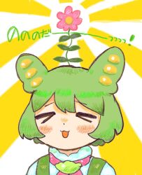 &gt;_&lt; 1girl :3 blush brooch flower flower_on_head frills green_hair green_suspenders highres jewelry k_(coldsleeeeeeep) neck_ribbon open_mouth portrait ribbon shirt solo sunburst suspenders voiceroid voicevox white_shirt zundamon