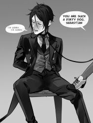 2boys absurdres black_hair blush ciel_phantomhive collarbone english_text formal_clothes greyscale hair_between_eyes highres kuroshitsuji leash male_focus monochrome multiple_boys necktie pee peeing peeing_self pet_play sebastian_michaelis shirt speech_bubble suit uneasywolf victorian wet_pants yaoi