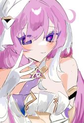 Rule 34 | 1girl, bare shoulders, breasts, corset, diamond-shaped pupils, diamond (shape), elysia (herrscher of human: ego) (honkai impact), elysia (honkai impact), gloves, hair ornament, highres, honkai (series), honkai impact 3rd, large breasts, long hair, pink hair, purple eyes, simple background, solo, symbol-shaped pupils, triquetra, upper body, uro ril, very long hair, white background, white corset, white gloves