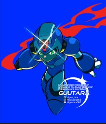 Rule 34 | 1boy, arm cannon, armor, blue armor, blue background, blue helmet, forehead jewel, full body, guutara, helmet, highres, male focus, mega man (series), mega man x (series), simple background, solo, weapon, x (mega man)