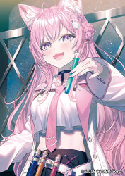 1girl animal_ear_fluff animal_ears antenna_hair belt black_shirt blush character_request collared_shirt commentary_request cropped_shirt double-parted_bangs fang gradient_eyes hair_ornament hakui_koyori hakui_koyori_(1st_costume) holding holding_test_tube hololive koh_rd long_eyelashes long_hair looking_at_viewer loose_necktie midriff mixed-language_commentary multicolored_eyes nail_polish necktie official_art pink_hair pink_nails pink_necktie pleated_skirt shirt skirt solo test_tube very_long_hair virtual_youtuber white_shirt wolf_ears wolf_girl