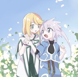 black_undershirt blonde_hair blue_background blue_eyes blue_jacket blue_shorts blue_sky bob_cut floating_hair flower genius_sage highres holding_hands jacket leggings looking_at_another mithos_yggdrasill momoko_(moco88) open_mouth petals shirt shorts sidelocks simple_background sky sleeveless sleeveless_shirt tales_of_(series) tales_of_symphonia white_hair