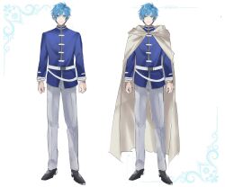 1boy alternate_costume belt blue_eyes blue_hair cape commentary cosplay english_commentary full_body highres himmel_(sousou_no_frieren) himmel_(sousou_no_frieren)_(cosplay) holostars holostars_english lampu_kuroro long_sleeves looking_at_viewer male_focus military military_uniform multiple_boys pants reference_sheet regis_altare school_uniform shoes short_hair simple_background smile solo sousou_no_frieren standing white_background white_cape white_pants