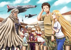 10s 1boy 6+girls :&lt; aircraft airplane alcohol animal_ears apron arm_hug armor beer beer_mug belt blonde_hair blue_eyes blush breasts brown_eyes cafe camouflage camouflage_pants cape casual cat_ears cleavage crossed_legs cup dark_elf dark_skin delilah_(gate) denim dress ear_piercing earrings elf extra fighter_jet furry gate_-_jieitai_ka_no_chi_nite_kaku_tatakaeri gothic_lolita green_eyes highres itami_youji jeans jewelry lelei_la_lalena lolita_fashion long_hair maid_headdress medium_breasts meia_(gate) military military_vehicle mug multiple_girls necklace official_art pants piercing pointy_ears puffy_short_sleeves puffy_sleeves purple_eyes rabbit_ears rabbit_girl rory_mercury sao_satoru shirt short_sleeves sitting small_breasts soldier t-shirt tray tuka_luna_marceau turban very_long_hair waist_apron waitress white_hair yao_haa_dushi