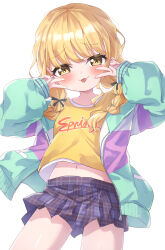 1girl :p blonde_hair blue_jacket blue_skirt blush braid brown_eyes closed_mouth clothes_writing commentary_request double_v english_text fujita_kotone gakuen_idolmaster hair_over_shoulder hands_up highres idolmaster jacket long_hair long_sleeves looking_at_viewer low_twintails masaki_(msk064) midriff navel open_clothes open_jacket plaid_clothes plaid_skirt pleated_skirt puffy_long_sleeves puffy_sleeves shirt simple_background skirt sleeves_past_wrists smile solo tongue tongue_out twin_braids twintails undershirt v white_background white_shirt yellow_shirt