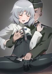 1boy 1girl absurdres black_pantyhose bob_cut breasts drooling fingering grabbing_another&#039;s_breast grey_background grey_hair groping hand_in_pantyhose hat hetero highres long_sleeves military_hat military_uniform miniskirt molestation nazi necktie oinari_(koheihei1109) open_mouth pantyhose pussy_juice reach-around sanya_v._litvyak shirt skirt small_breasts spread_legs strike_witches tears white_shirt world_witches_series