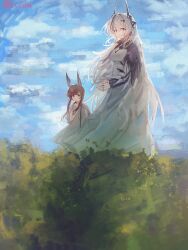 2girls absurdres amiya_(arknights) amiya_(young)_(arknights) animal_ears arknights black_horns blue_eyes blue_sky brown_hair chinese_commentary closed_mouth commentary_request day dress full_body hair_between_eyes height_difference highres horns jewelry long_dress long_hair long_sleeves making-of_available multiple_girls multiple_rings outdoors own_hands_together plant red_eyes ring sakuratani_hane sky smile standing theresa_(arknights) twitter_username very_long_hair white_dress white_hair