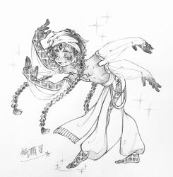 1boy alternate_costume alternate_hairstyle arm_tattoo arms_up baggy_pants bandana bowing braid chest_tattoo chibi closed_eyes clothing_cutout earrings extra_arms extra_eyes finger_tattoo forehead_tattoo full_body harem_outfit highres hojicha jewelry long_hair male_focus multiple_eyes pants pelvic_curtain shirtless_male shiva_(shuumatsu_no_valkyrie) shuumatsu_no_valkyrie side_cutout smile solo sparkle standing tassel tattoo teeth third_eye topless_male very_long_hair