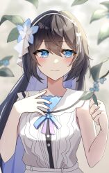1girl absurdres blue_eyes blue_flower blue_hair bow brown_hair closed_mouth commentary_request dress flower h2o_omizu hair_between_eyes hair_bow hair_flower hair_ornament hairband hands_up highres honkai_(series) honkai_impact_3rd long_hair looking_to_the_side multicolored_hair seele_vollerei seele_vollerei_(herrscher_of_rebirth) sleeveless sleeveless_dress smile solo two-tone_hair upper_body very_long_hair white_bow white_dress white_hairband