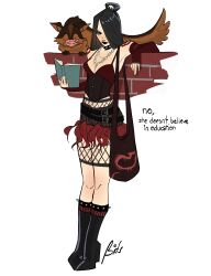 1girl absurdres against_wall alternate_costume alternate_universe arm_on_wall arm_up avatar:_the_last_airbender avatar_legends bag belt bitsbytits black_belt black_boots black_collar black_eyes black_hair black_lips book boots breasts bright_pupils brown_corset camisole chain chain_necklace cleavage collar corset creature detached_sleeves face_piercing fashion fishnet_leggings goth_fashion high_heel_boots high_heels highres holding holding_book jewelry june_(avatar) knee_boots leaning_back long_hair miniskirt multiple_belts necklace nose_piercing open_book piercing red_camisole red_sleeves shoulder_tattoo simple_background skirt small_breasts solo spiked_boots spiked_collar spikes standing straight_hair tattoo tote_bag white_background white_pupils