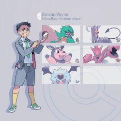 1boy batman_(series) belt black_hair child collared_shirt crossover damian_wayne dc_comics decidueye fishtre gen_2_pokemon gen_5_pokemon gen_7_pokemon green_necktie holding holding_poke_ball houndoom jacket kneehighs long_sleeves miltank necktie nintendo open_clothes open_jacket poke_ball poke_ball_(basic) pokemon schoolboy_(pokemon) scizor shirt shoes short_hair shorts smile sneakers socks suit_jacket woobat yellow_socks