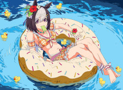 1girl animal_ears ankle_garter arm_garter barefoot bikini bikini_skirt bow bracelet breasts brown_hair cleavage corsage crossed_ankles donut_innertube flower food frills full_body hair_flower hair_ornament hairclip hibiscus highres horse_ears innertube jewelry ligne_claire looking_at_viewer medium_breasts mouth_hold multicolored_hair navel necklace official_alternate_costume orange_bikini plaid_bikini plaid_clothes plumeria popsicle purple_eyes reclining rubber_duck short_hair solo special_week_(hopping_vitamin_heart)_(umamusume) special_week_(umamusume) swim_ring swimsuit two-tone_hair umamusume water wavy_mouth wet yu_yin