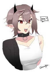 1girl billyonthestraw black_jacket breasts choker ear_piercing english_text grey_hair hair_between_eyes highres horns imp indie_virtual_youtuber jacket medium_breasts open_mouth piercing pointy_ears red_eyes rinkya short_hair signature virtual_youtuber white_background