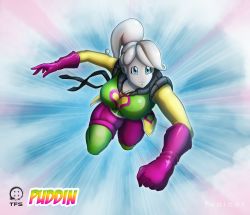 1girl :3 blue_eyes boots breasts colored_skin dragon_ball dragon_ball_xenoverse female_majin flying gloves grey_skin grin heart highres huge_breasts pantyhose puddin smile symbol team_four_star