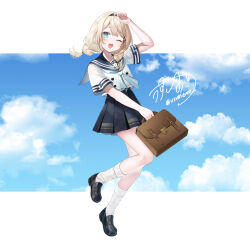 1girl ;d aqua_eyes arm_up bag black_hairband black_sailor_collar black_shoes black_skirt blonde_hair blue_neckerchief blue_sky braid breasts cleavage cloud commentary_request full_body hairband highres holding holding_bag hololive kazama_iroha kazama_iroha_(school_uniform) loafers looking_at_viewer low_twin_braids neckerchief official_alternate_costume official_alternate_hairstyle one_eye_closed open_mouth pleated_skirt pom_pom_(clothes) ribbed_socks sailor_collar school_uniform serafuku shirt shoes short_sleeves skirt sky smile socks solo swept_bangs twin_braids usushio virtual_youtuber white_shirt white_socks