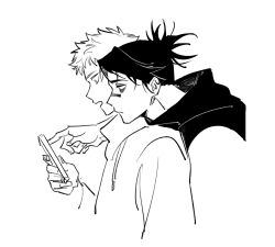 2boys cellphone choso_(jujutsu_kaisen) closed_mouth cropped_torso drawstring facial_mark from_side frown greyscale holding holding_phone hood hoodie itadori_yuuji jujutsu_kaisen long_sleeves male_focus monochrome multiple_boys open_mouth phone pointing short_hair simple_background sketch white_background yi_(826805607)