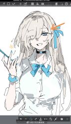 Rule 34 | 1girl, ;d, arm at side, arrow (symbol), art program in frame, artist name, asuna (blue archive), asuna (school uniform) (blue archive), black choker, blonde hair, blue archive, blue bow, blue bowtie, blue eyes, blue nails, blue ribbon, blue scrunchie, bow, bowtie, breasts, button gap, choker, commentary, dress shirt, english commentary, eyes visible through hair, fingernails, grin, gyaru, hair over one eye, hair ribbon, hand up, highres, holding, kogal, large breasts, long hair, looking at viewer, nail polish, one eye closed, open mouth, paopp9961, ribbon, school uniform, scrunchie, shirt, simple background, sketch, sleeves rolled up, smile, solo, star (symbol), straight-on, straight hair, summer uniform, swept bangs, three-quarter sleeves, upper body, watermark, weibo watermark, white background, white shirt, wink star, wrist scrunchie