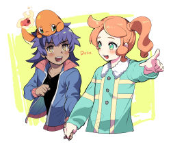 1boy 1girl absurdres aged_down artist_name black_shirt blush buttons charmander collarbone commentary_request eyelashes fire flame-tipped_tail gen_1_pokemon green_eyes hand_up highres holding_hands jacket leon_(pokemon) long_hair long_sleeves looking_at_another nintendo on_head open_clothes open_jacket open_mouth orange_hair pointing pokemon pokemon_(anime) pokemon_(creature) pokemon_journeys pokemon_on_head pokemon_swsh043 shirt side_ponytail sidelocks sonia_(pokemon) tail teeth tongue upper_body yellow_eyes youchengyan