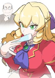 1girl akuyaku_reijou_tensei_ojisan ascot balding blonde_hair braid breasts closed_mouth drill_hair dual_persona folded_fan folding_fan grace_auvergne grin hair_between_eyes hair_ribbon hand_fan hexagonal_eyewear highres holding holding_fan jacket large_breasts looking_ahead purple_ascot purple_ribbon red_jacket ribbon school_uniform simple_background sketch smile tondabayashi_kenzaburou user_vcxf2247 white_background