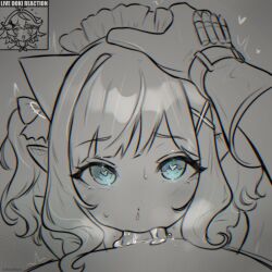 2girls absurdres ahegao blue_eyes commentary cum cum_in_mouth cum_overflow dokibird_(vtuber) dokibird_(vtuber)_(bounty_hunter) english_commentary fellatio futa_with_female futanari futanari_pov gloves greyscale hair_ornament hairclip hand_on_another&#039;s_head heart highres indie_virtual_youtuber inset live_tucker_reaction_(meme) looking_at_viewer maid_headdress meme mint_fantome monochrome multiple_girls oral penis pointy_ears pov rukunikun simple_background spot_color triangular_headpiece two_side_up wavy_hair x_hair_ornament