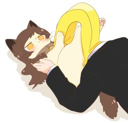 1boy animal animal_collar bell black_suit blush brown_hair cat collar commentary_request formal_clothes highres hutaba idolmaster idolmaster_million_live! kitazawa_shiho long_hair long_sleeves lying neck_bell no_mouth on_back p-head_producer producer_(idolmaster) suit white_background