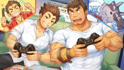4boys abs animal_ears bara belt blush brown_hair chest_hair controller couch covered_abs extra_ears facial_hair fat fat_man furry furry_male game_console game_controller goatee gozu_farm grin hanuman_(housamo) takabushi_kengo large_pectorals long_sideburns male_focus multiple_boys muscular muscular_male o_o official_art pectoral_cleavage pectorals protagonist_(f-kare) shirt short_hair sideburns smile stubble thick_eyebrows tokyo_houkago_summoners tsathoggua_(housamo) tusks white_shirt wolf_ears