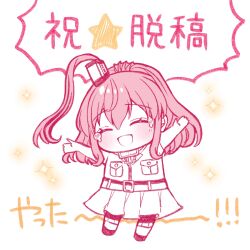 Rule 34 | 1girl, anchor ornament, arms up, breast pocket, chibi, closed eyes, commentary request, dress, full body, high side ponytail, highres, kantai collection, nagi kantai114, pink theme, pocket, ponytail, saratoga (kancolle), side ponytail, smile, smokestack hair ornament, solo, tears, translation request