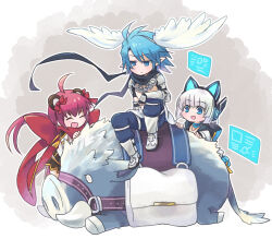 1boy 2girls :d ahoge animal_ear_headphones animal_ears armor armored_boots black_gloves black_skirt blue_eyes blue_hair blue_pants boar boots bow cat_ear_headphones chain chain_necklace closed_eyes closed_mouth commentary_request doroidsan expressionless fake_animal_ears fake_wings feathered_wings fingerless_gloves full_body genetic_(ragnarok_online) gloves hair_bow head_wings headphones highres holographic_interface jewelry long_hair looking_at_another low_ponytail mechanic_(ragnarok_online) monkey_ears multiple_girls necklace official_alternate_costume open_mouth pants pauldrons pink_hair pointy_ears ponytail ragnarok_online red_bow red_scarf savage_(ragnarok_online) scarf short_hair shoulder_armor shrug_(clothing) sitting skirt smile vambraces white_wings wings