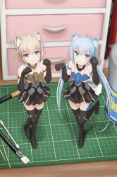 2girls absurdres animal_ears bare_shoulders black_gloves blonde_hair blue_eyes blue_hair cat_ears commission elbow_gloves frame_arms_girl gloves gourai highres kotobukiya kotobukiya_bishoujo long_hair looking_at_viewer mini_person minigirl multiple_girls paw_pose short_hair skeb_commission skirt smile soanote standing standing_on_one_leg stylet thighhighs twintails very_long_hair