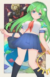 Rule 34 | 1boy, 1girl, 3girls, bag, black socks, blonde hair, blue bag, blue eyes, blue skirt, feet out of frame, frog hair ornament, green hair, grin, hair ornament, highres, hisou tensoku, kneehighs, kochiya sanae, long hair, mecha, midriff peek, miniskirt, moriya suwako, multiple girls, navel, nazawa (nother), neckerchief, pleated skirt, puffy short sleeves, puffy sleeves, purple hair, red neckerchief, robot, school uniform, serafuku, shirt, short sleeves, shoulder bag, single sidelock, skirt, smile, snake hair ornament, socks, touhou, touhou hisoutensoku, undefined fantastic object, very long hair, white shirt, yasaka kanako