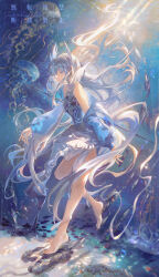 1girl absurdly_long_hair air_bubble asymmetrical_dress bare_legs bare_shoulders barefoot black_dress blue_jacket bubble cangchen chinese_commentary circlet colored_eyelashes commentary_request commission dappled_sunlight dress feathered_wings feet floating_hair full_body gradient_clothes gradient_dress grey_eyes grey_hair head_wings highres jacket jacket_partially_removed jellyfish leg_up long_hair long_sleeves looking_ahead neck original parted_lips pointy_nose puffy_long_sleeves puffy_sleeves sample_watermark school_of_fish solo standing strapless strapless_dress sunlight toes underwater very_long_hair watermark white_dress white_wings wings