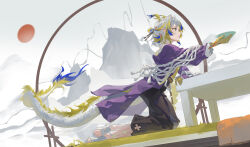 1girl arknights blonde_hair closed_mouth dragon_girl dragon_horns dragon_tail earrings eastern_dragon_horns eastern_dragon_tail highres holding horns jacket jewelry long_sleeves newnand pants pointy_ears purple_jacket short_hair shu_(arknights) shu_(spring_feast)_(arknights) solo table tail
