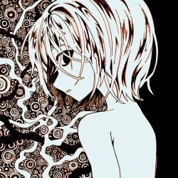 1girl abstract_background commentary highres looking_at_viewer looking_back monochrome nude original parted_lips short_hair solo symbol-only_commentary upper_body zer0h
