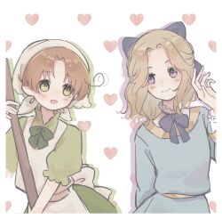 2boys aged_down ahoge androgynous apron axis_powers_hetalia blonde_hair blue_tunic blush brown_hair child crossdressing dress france_(hetalia) hair_ribbon headscarf heart highres i2kfdbtlma98485 long_sleeves male_focus medium_hair multiple_boys northern_italy_(hetalia) open_mouth purple_eyes ribbon smile trap tunic upper_body wavy_hair yellow_eyes