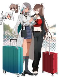 2girls amazuki_jou aqua_hair azur_lane bag black_bag black_jacket black_pants black_shoes blue_skirt brown_eyes brown_hair camera closed_mouth coat colored_inner_hair crop_top facial_mark forehead_mark grey_socks hair_ornament handbag high-waist_skirt highres holding holding_camera holding_suitcase jacket jean_bart_(azur_lane) jewelry long_hair massachusetts_(azur_lane) midriff multicolored_hair multiple_girls navel necklace open_clothes open_coat pants ponytail red_eyes rolling_suitcase shoes skirt socks suitcase translation_request unworn_eyewear white_coat white_hair white_skirt